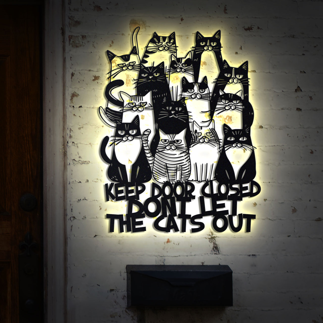 Cat Lover Metal Wall Art, Cat Welcome Sign with LED Lights, Dont Let The Cat Out