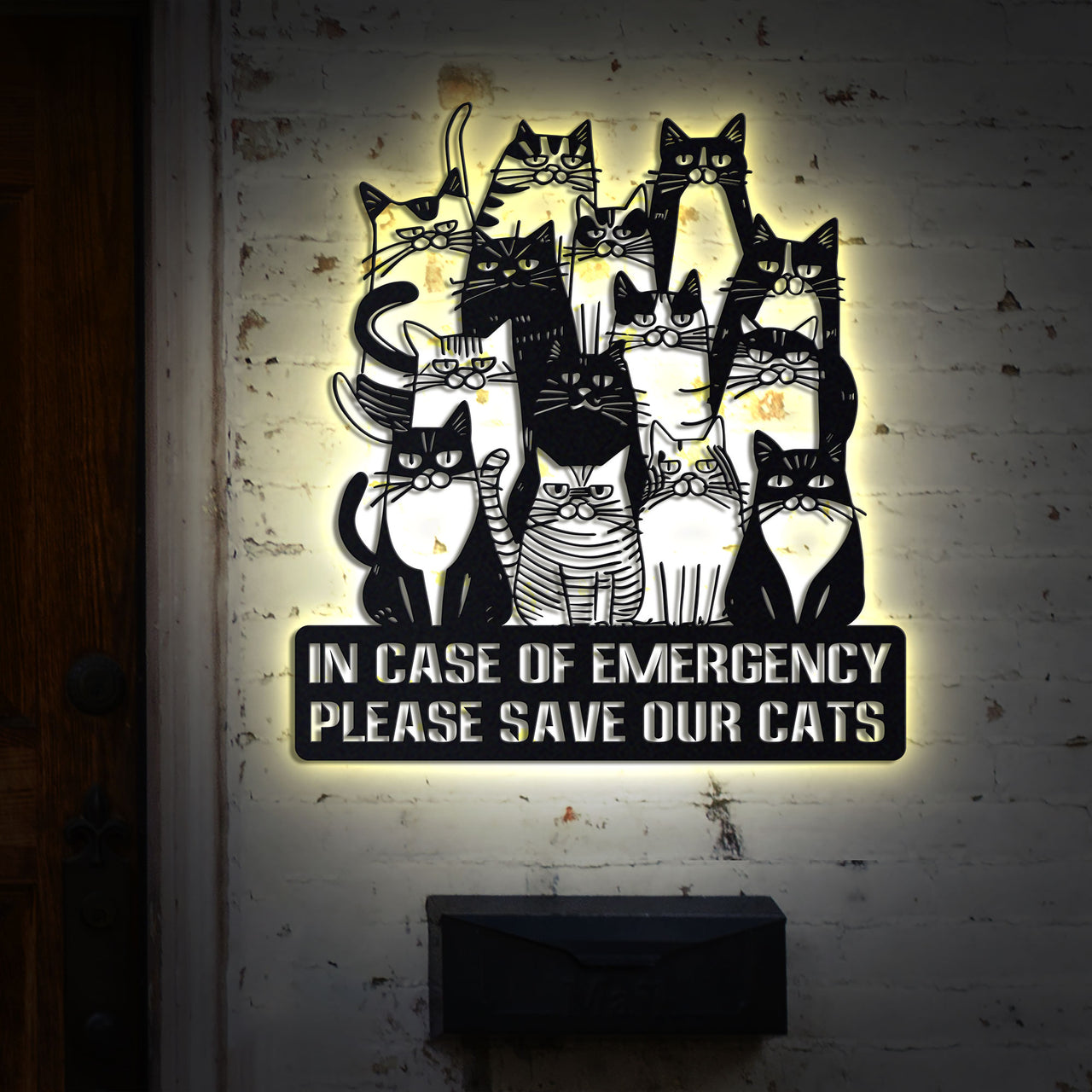 Cat Lover Metal Wall Art, Cat Emergency Sign with LED Lights, Please Save Our Cats