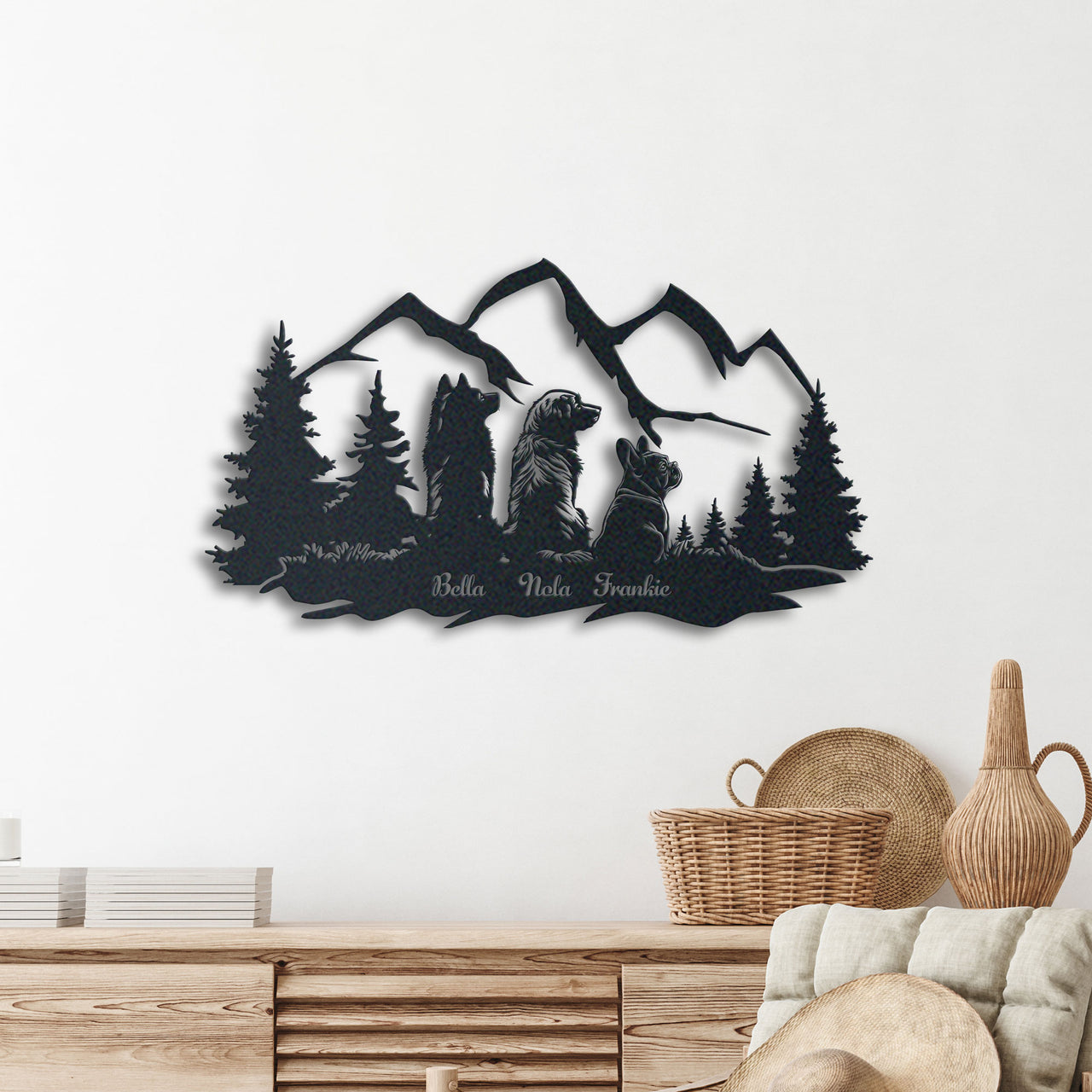 Pine Tree And Dogs Metal Wall Art, Mountain Wall Art Home Decor Gift, Ideal Gift for Dog Lovers