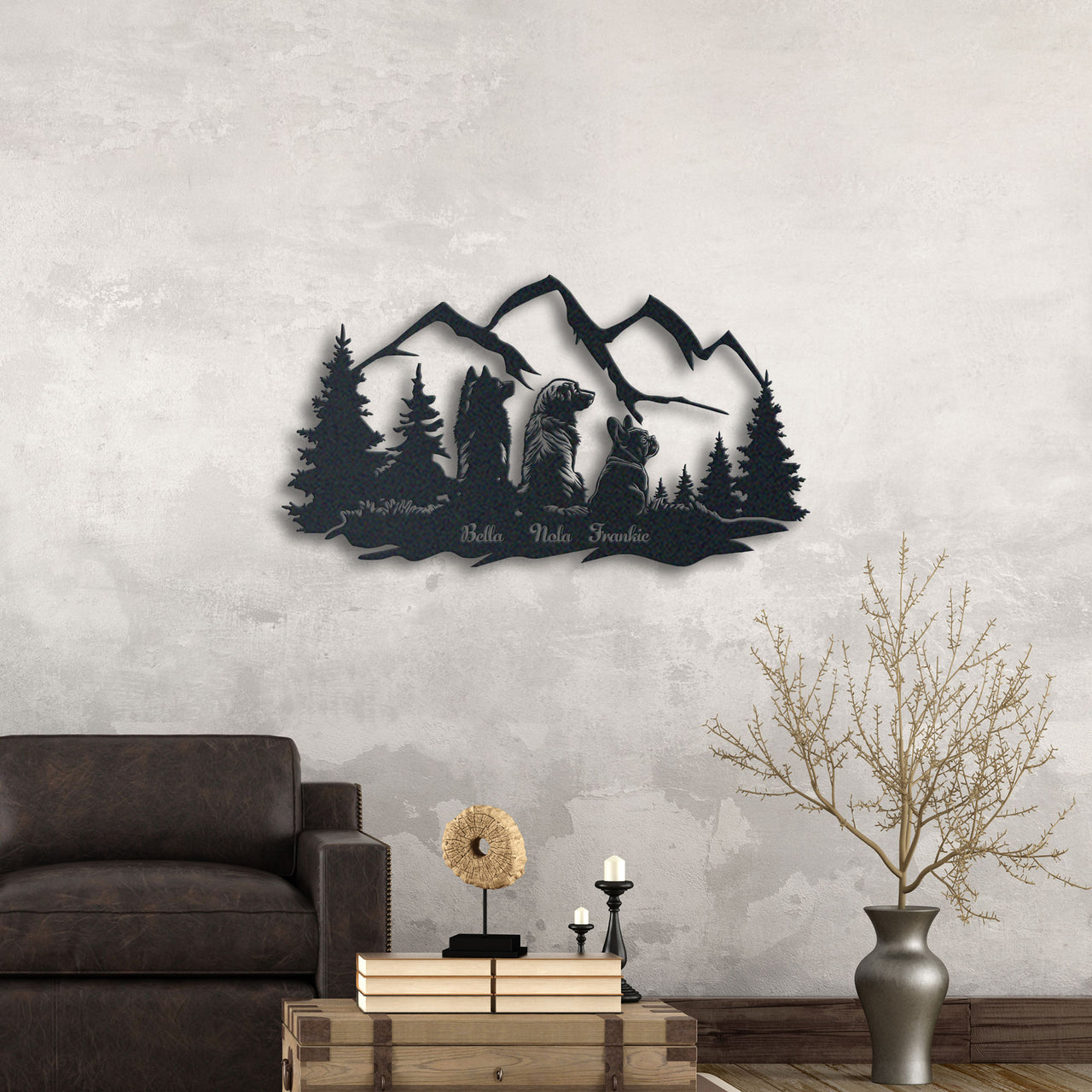 Pine Tree And Dogs Metal Wall Art, Mountain Wall Art Home Decor Gift, Ideal Gift for Dog Lovers