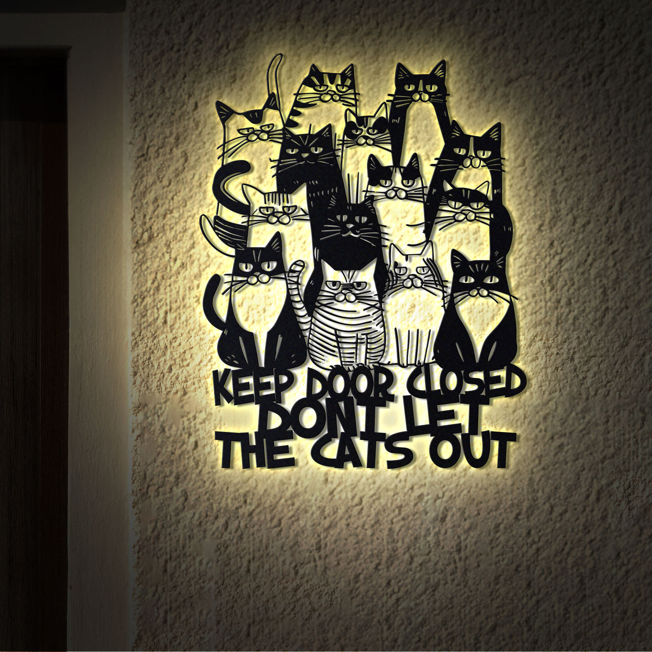 Cat Lover Metal Wall Art, Cat Welcome Sign with LED Lights, Dont Let The Cat Out