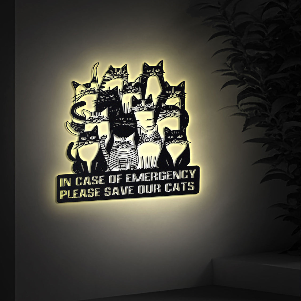 Cat Lover Metal Wall Art, Cat Emergency Sign with LED Lights, Please Save Our Cats