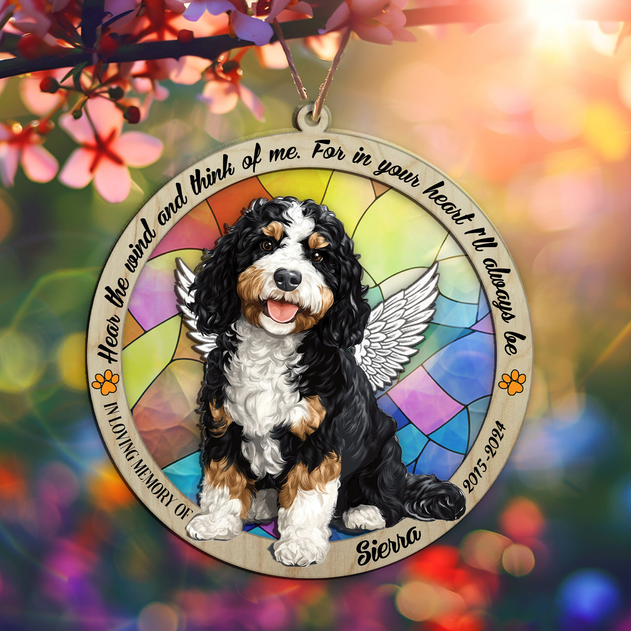 Suncatcher Ornament Bernedoodle Sitting Memorial, Dog Ornament Home Decor, Pet Loss Gift, Thoughtful Christmas Gift