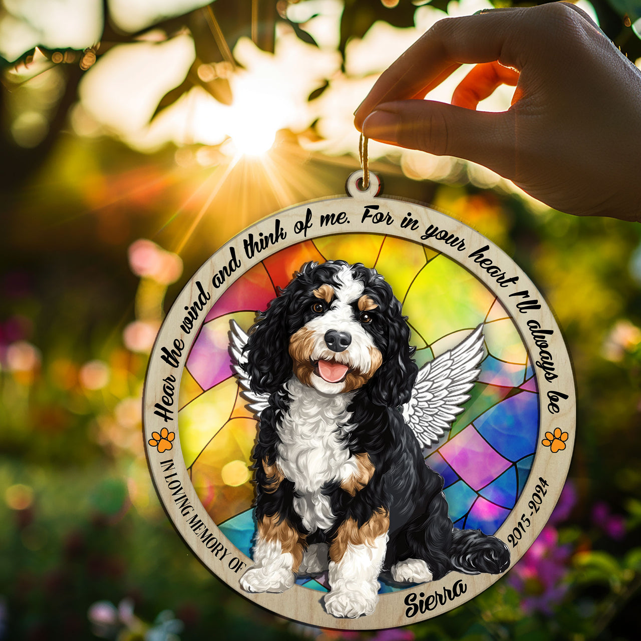 Suncatcher Ornament Bernedoodle Sitting Memorial, Dog Ornament Home Decor, Pet Loss Gift, Thoughtful Christmas Gift