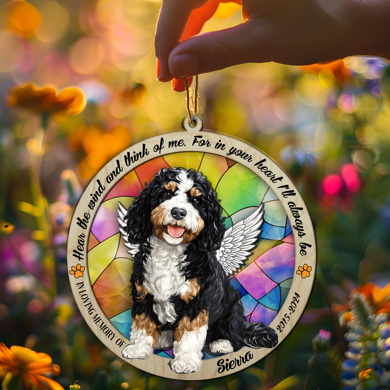 Suncatcher Ornament Bernedoodle Sitting Memorial, Dog Ornament Home Decor, Pet Loss Gift, Thoughtful Christmas Gift